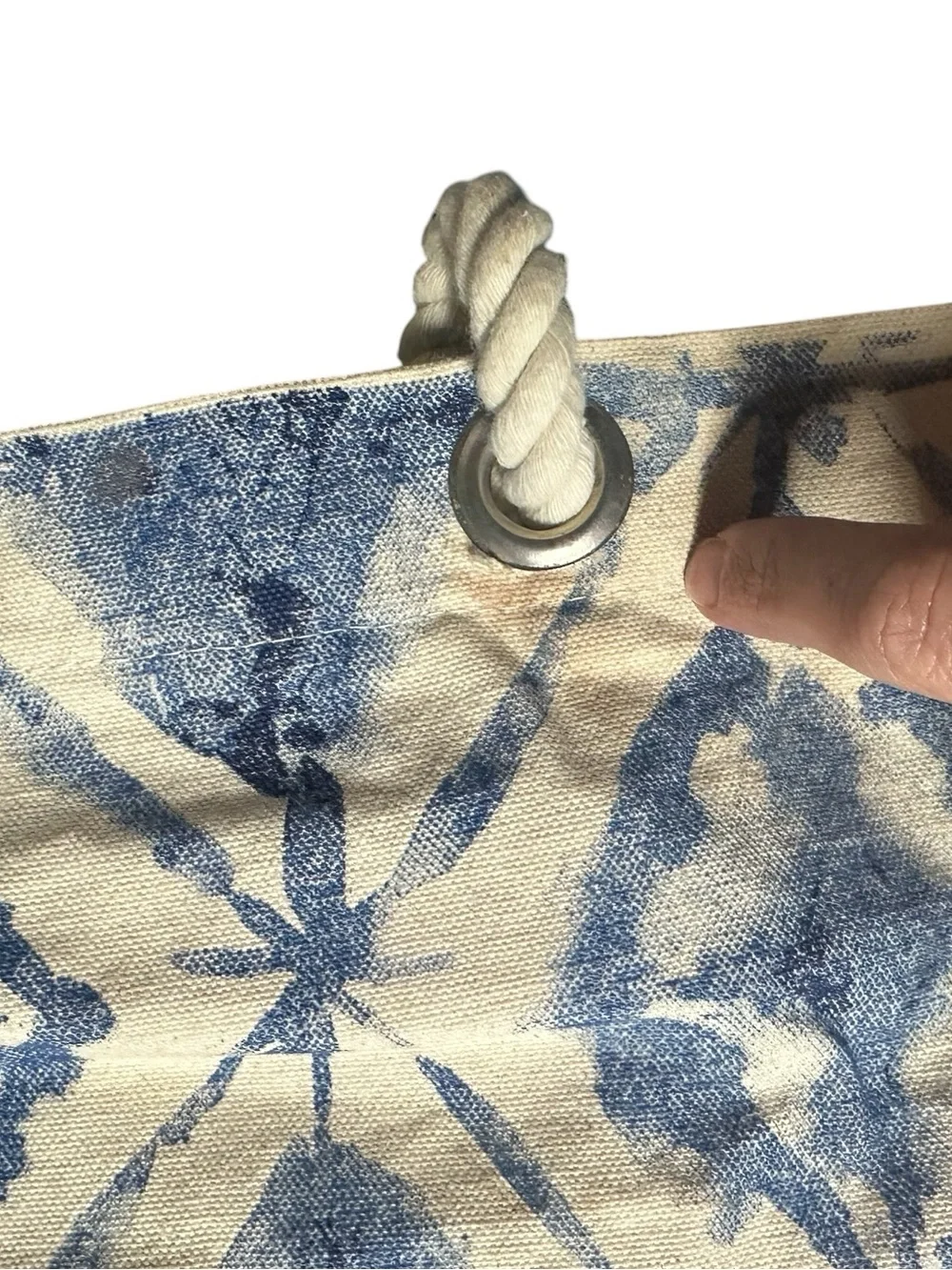 Canvas Tote Bag with Blue Ikat Print and Tassel